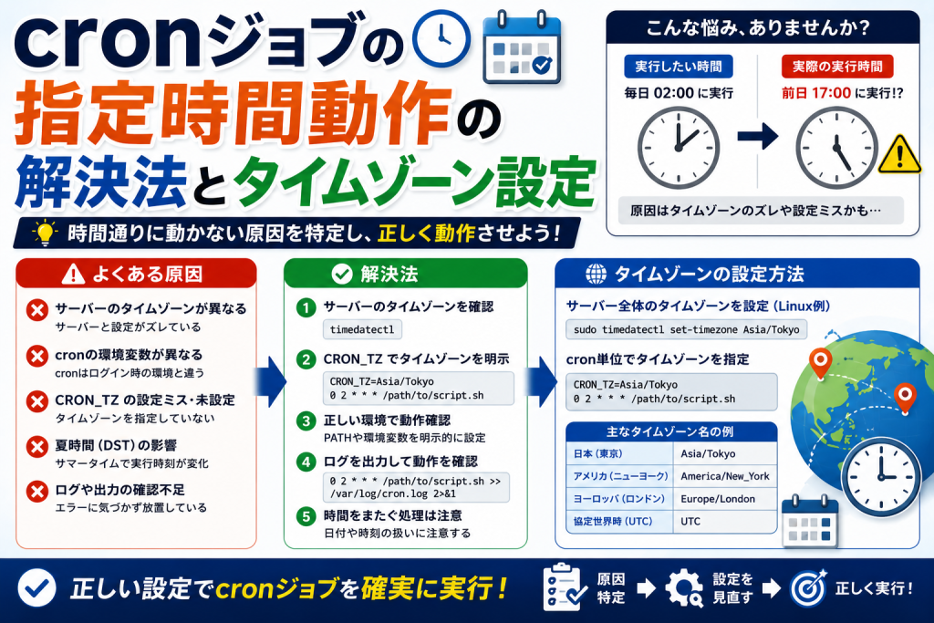 cronジョブの指定時間動作の解決法とタイムゾーン設定